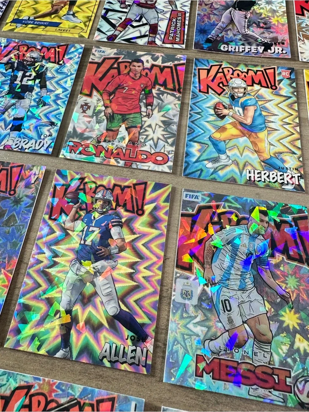 Kaboom Lot of (20) Messi, Kobe, Ohtani, Mahomes, Maye, etc Holo Novelty Cards.